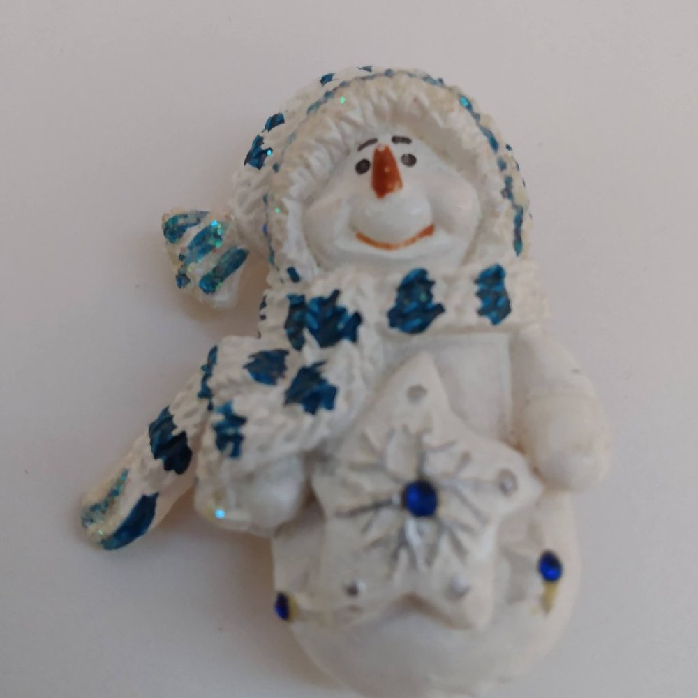 Snowman Snowflake Blue White Hat Scarf Brooch Pin
